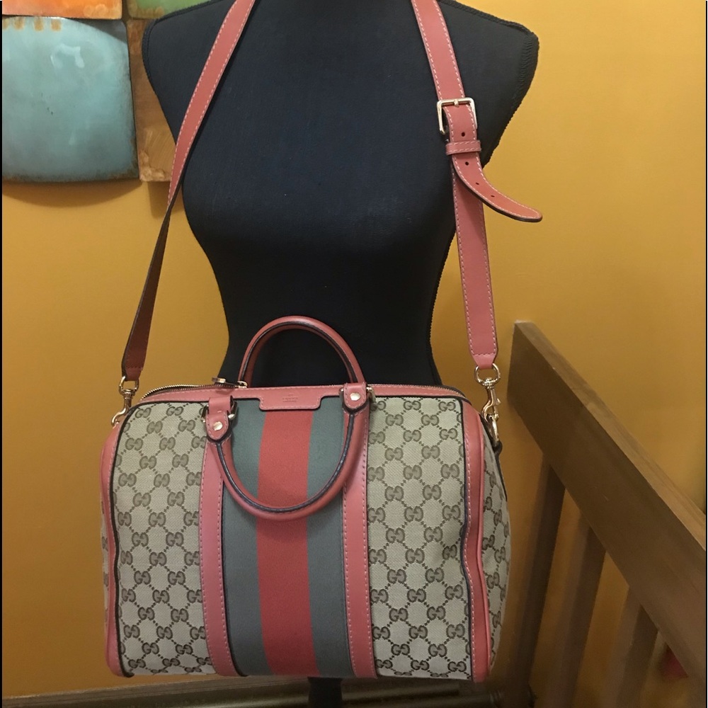 ✨🛍️Gucci Vintage Web Boston Bag Satchel Salmon Coral Pink
